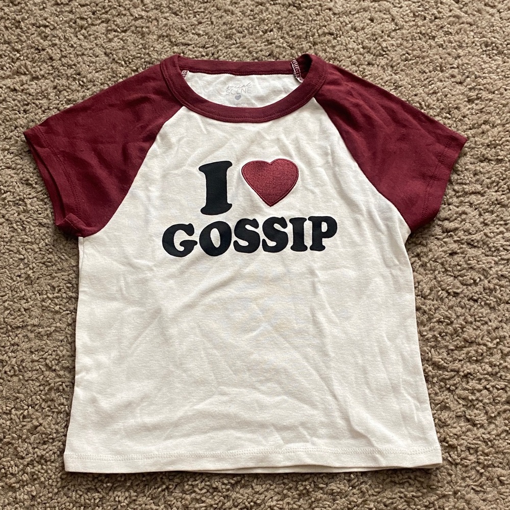 Women’s ' 'I Love Gossip' Raglan Tee - White and Burgundy